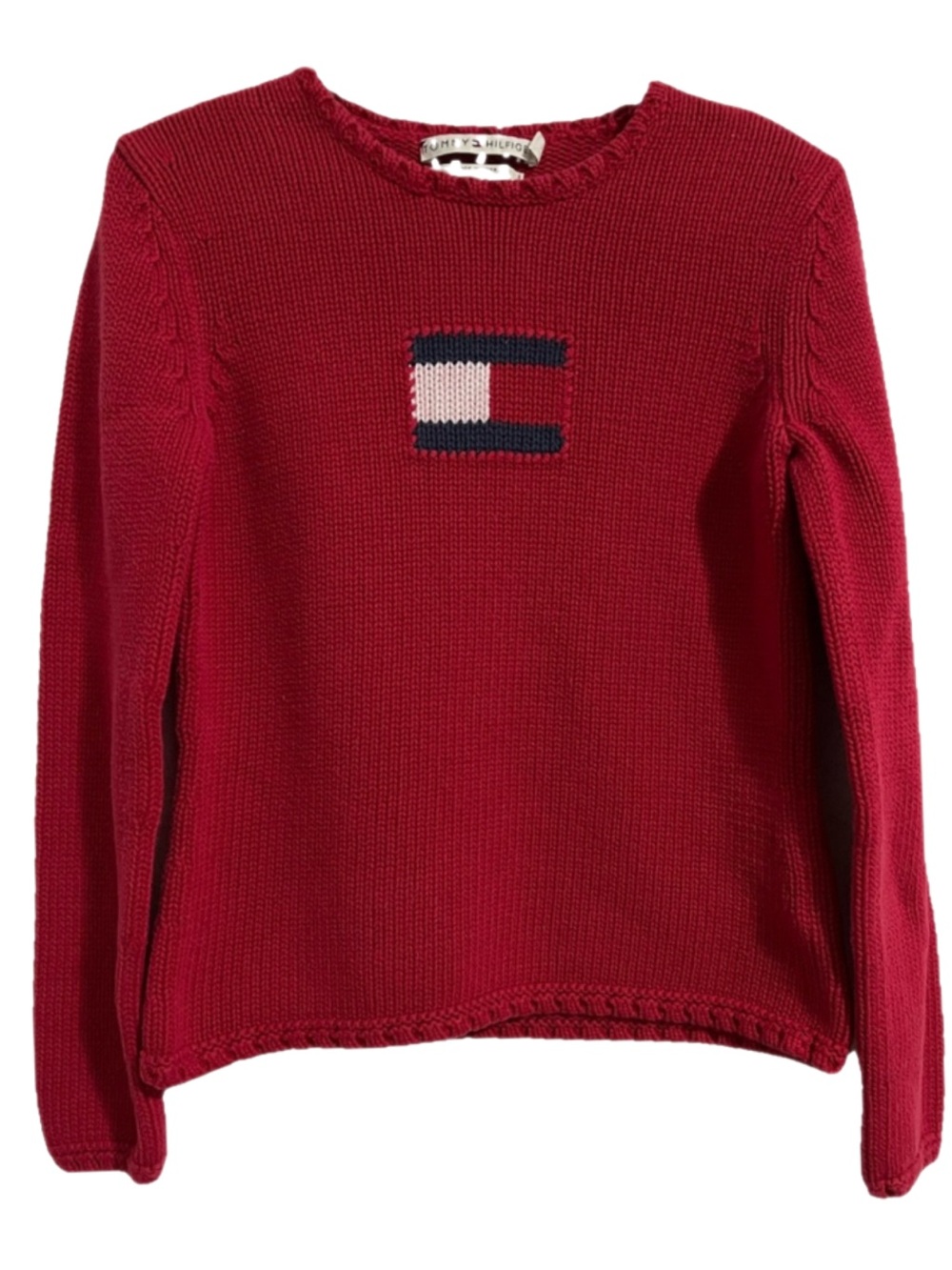 Tommy Hilfiger Red Knit Crewneck Sweater with Flag Logo